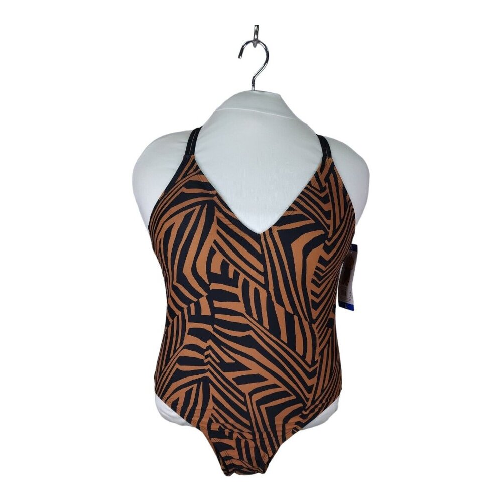 Hurley One Piece Swimsuit Brown Animal Print Size Large UPF 50 V-Neck With Bra - Picture 9 of 9
